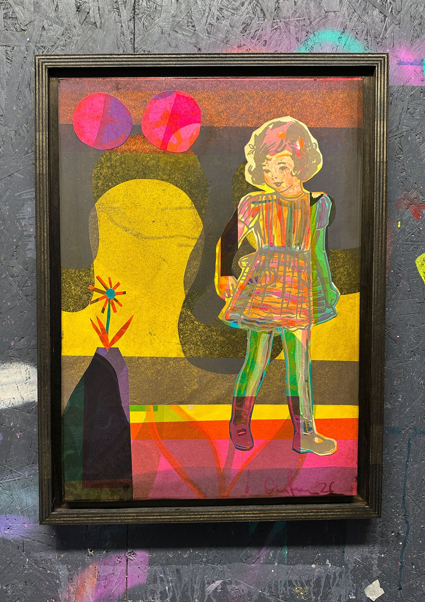 Multi-colour process screenprint, rainbow palette, vintage girl with striped dress and geometric flower, original