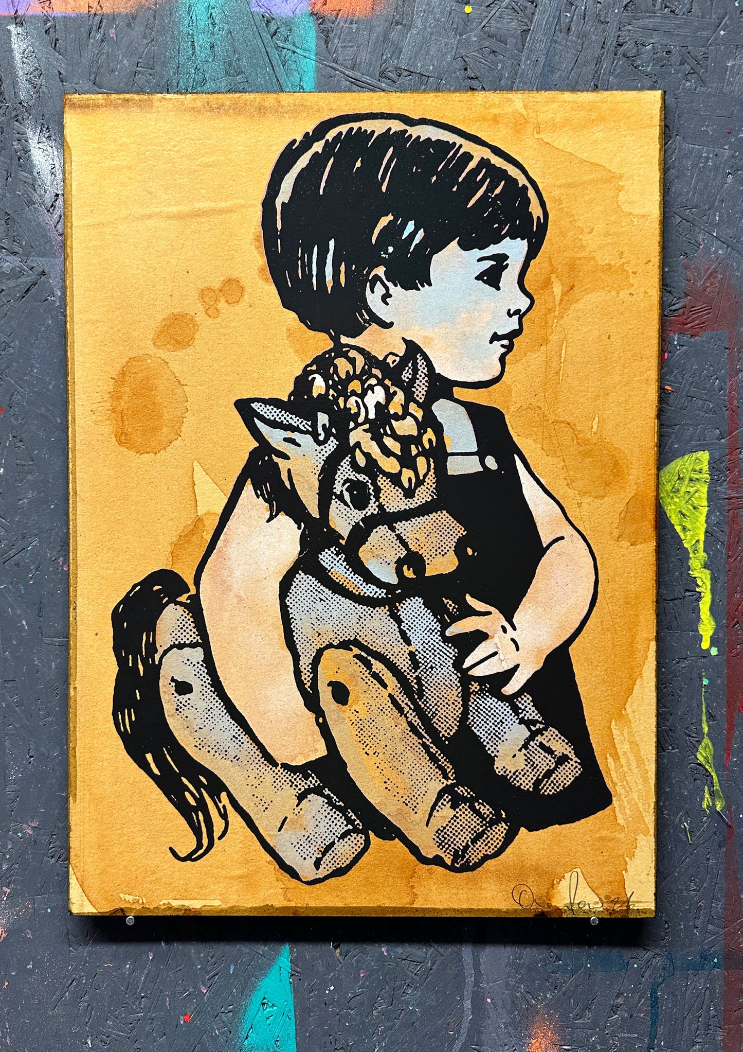 4-colour screenprint, rust brown and black with halftone, child holding reptiles in profile