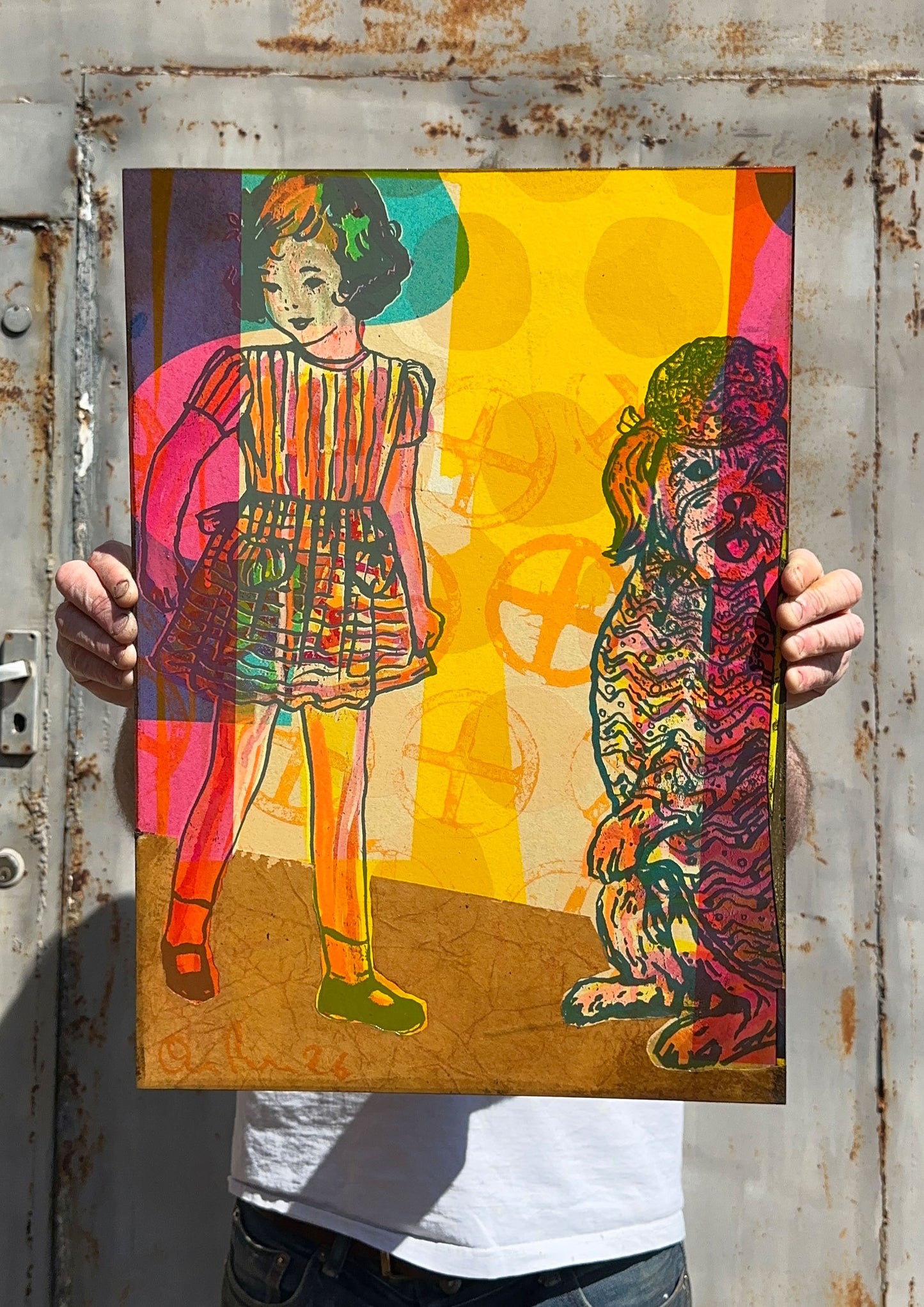 Hand-painted screenprint collage, neon yellows pinks oranges greens, vintage girl with hat and basket