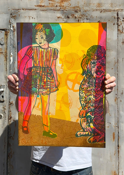 Hand-painted screenprint collage, neon yellows pinks oranges greens, vintage girl with hat and basket
