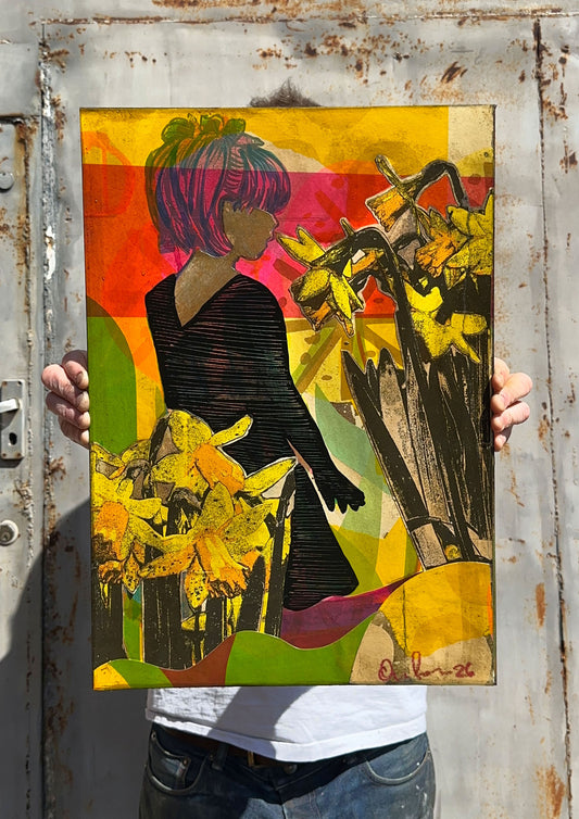 Multi-colour hand-painted collage screenprint, yellow orange pink magenta green, figure with yellow daffodils