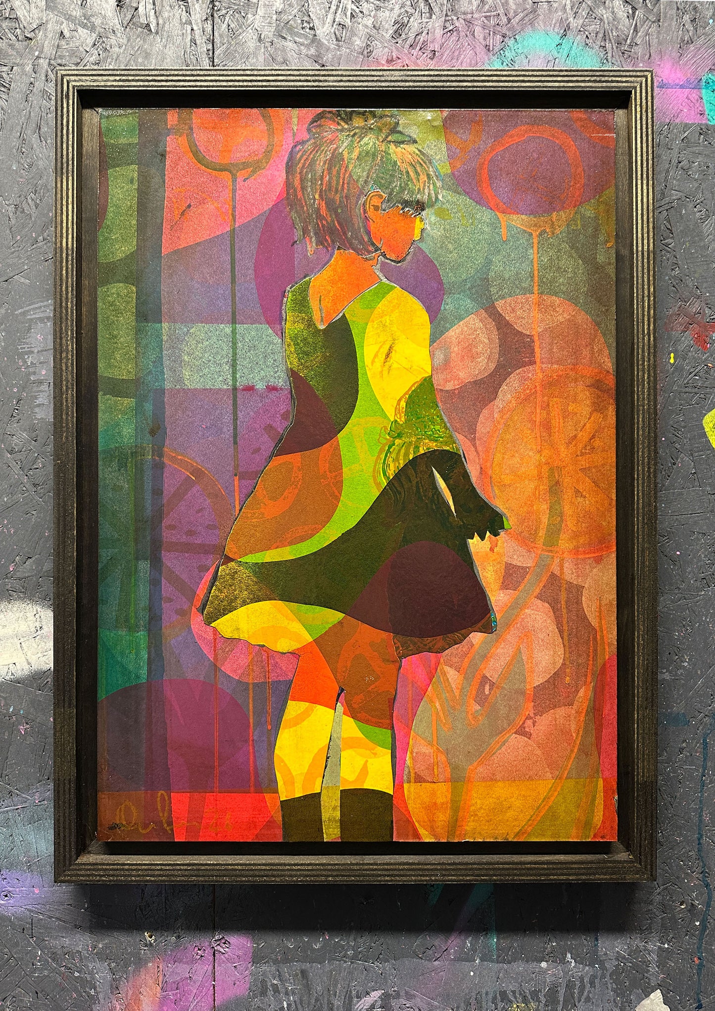 Multi-colour screenprint, yellow, orange, green & purple, geometric figure with overlapping layers, framed