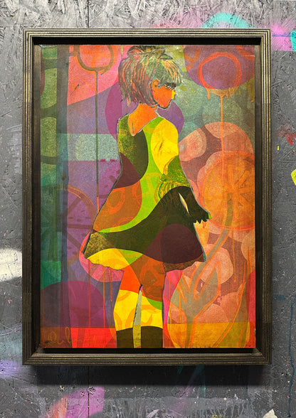 Multi-colour screenprint, yellow, orange, green & purple, geometric figure with overlapping layers, framed