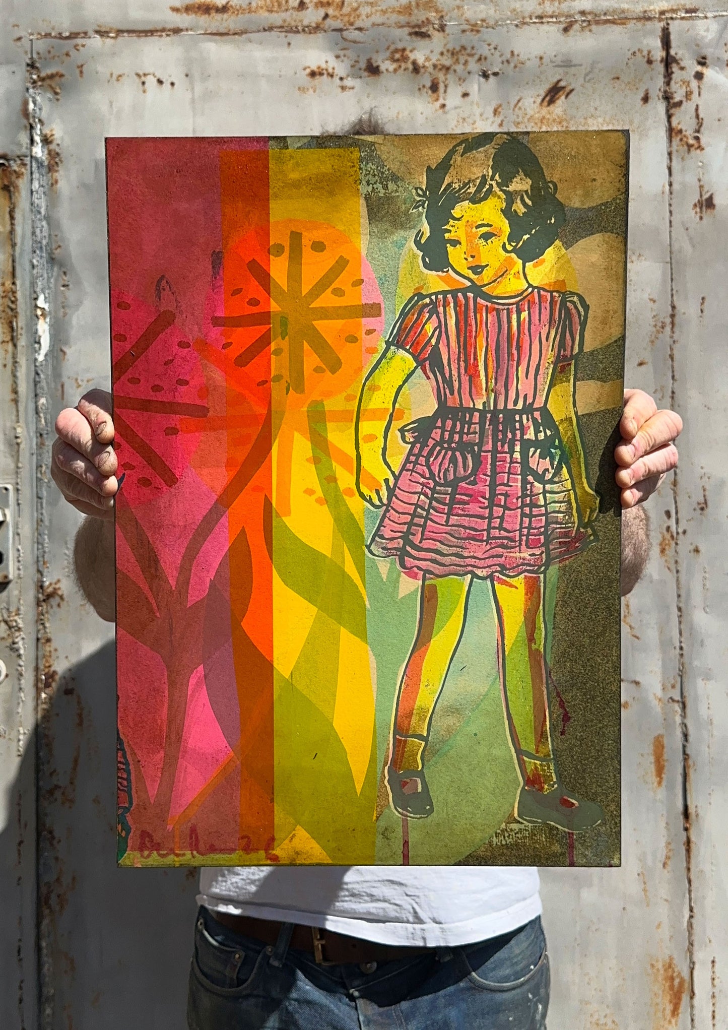 Multi-colour hand-painted collage screenprint, yellow pink teal, vintage girl with geometric flowers and daisies