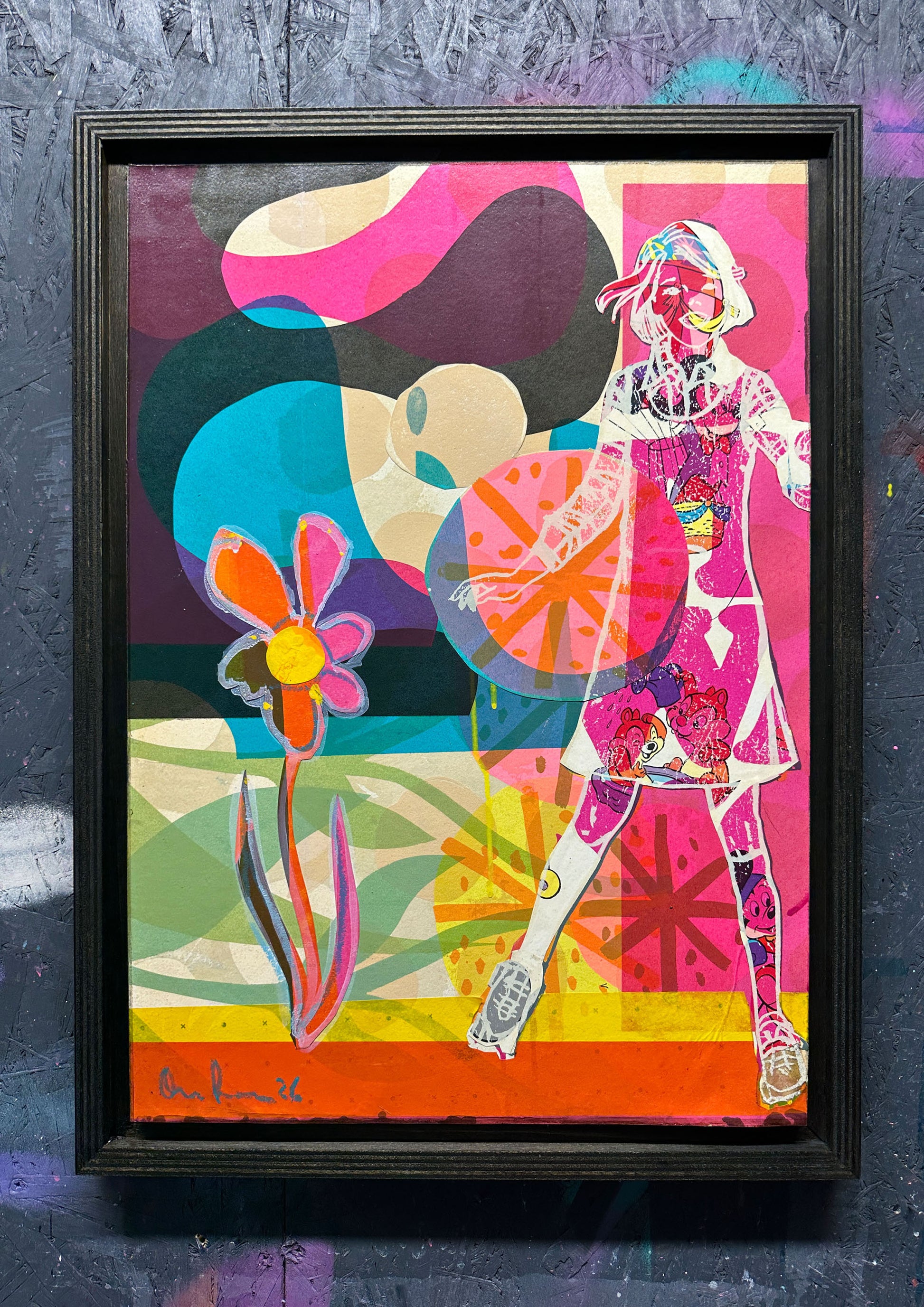 Multi-colour screenprint, hot pink and orange, psychedelic female figure with geometric flower, original artwork