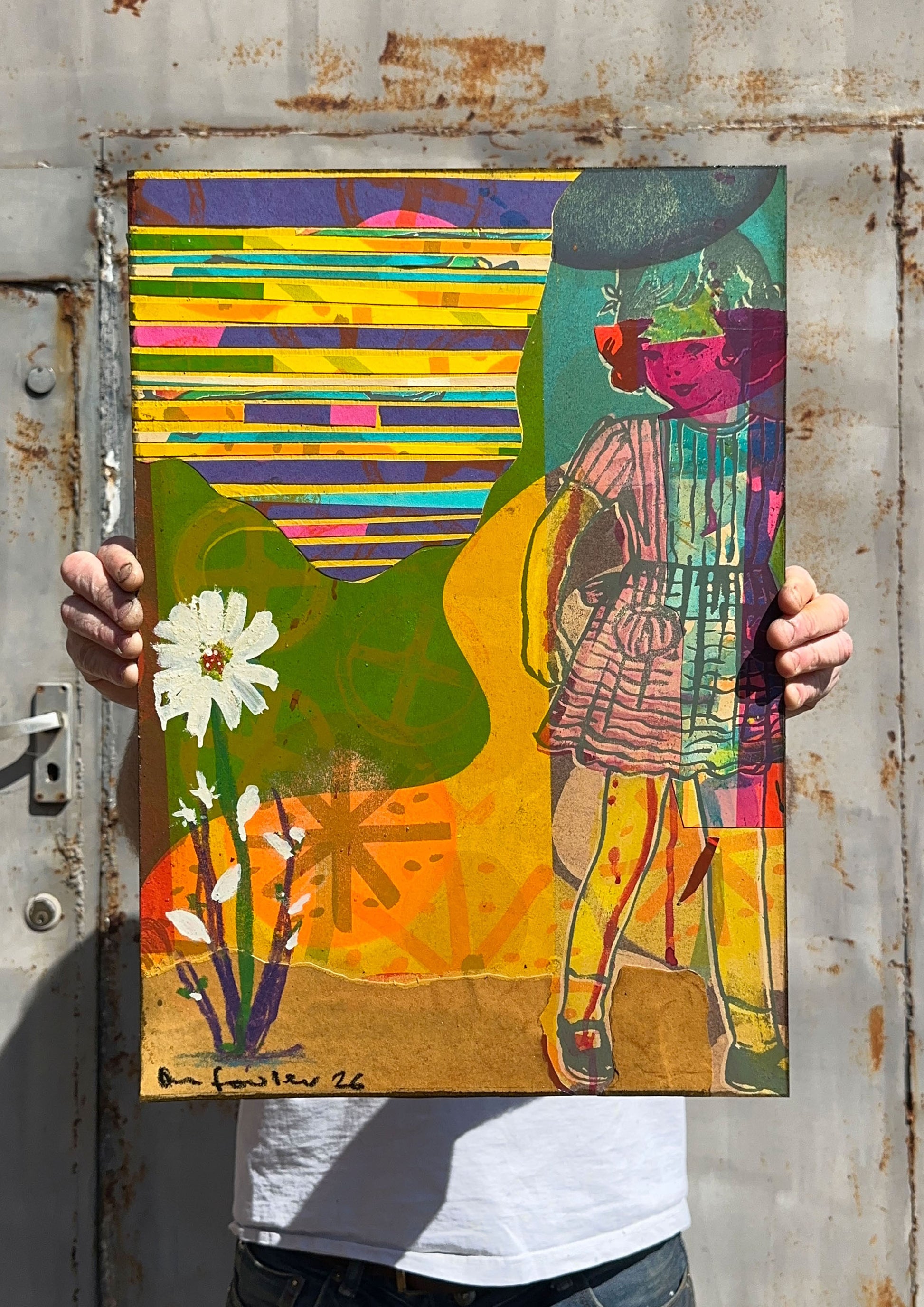 Multi-colour hand-painted collage screenprint, yellow pink teal, vintage girl with geometric flowers and daisies