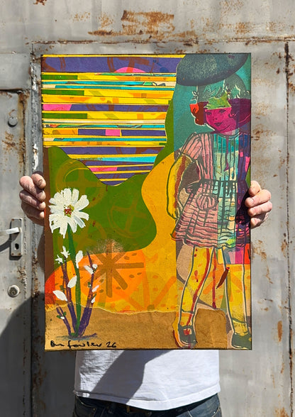 Multi-colour hand-painted collage screenprint, yellow pink teal, vintage girl with geometric flowers and daisies