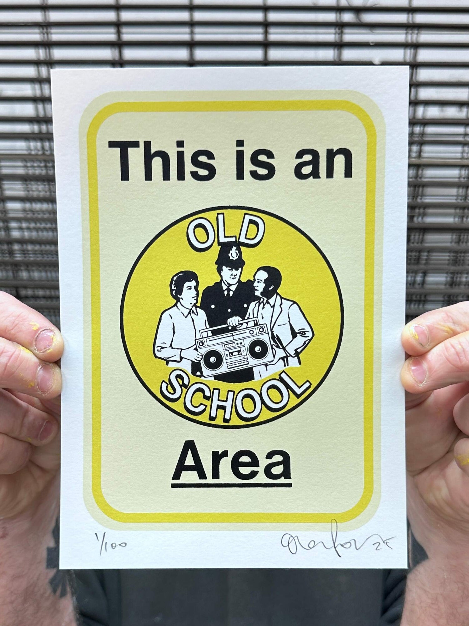 Poster with 'This is an old school area' text and graphic of people with a radio.