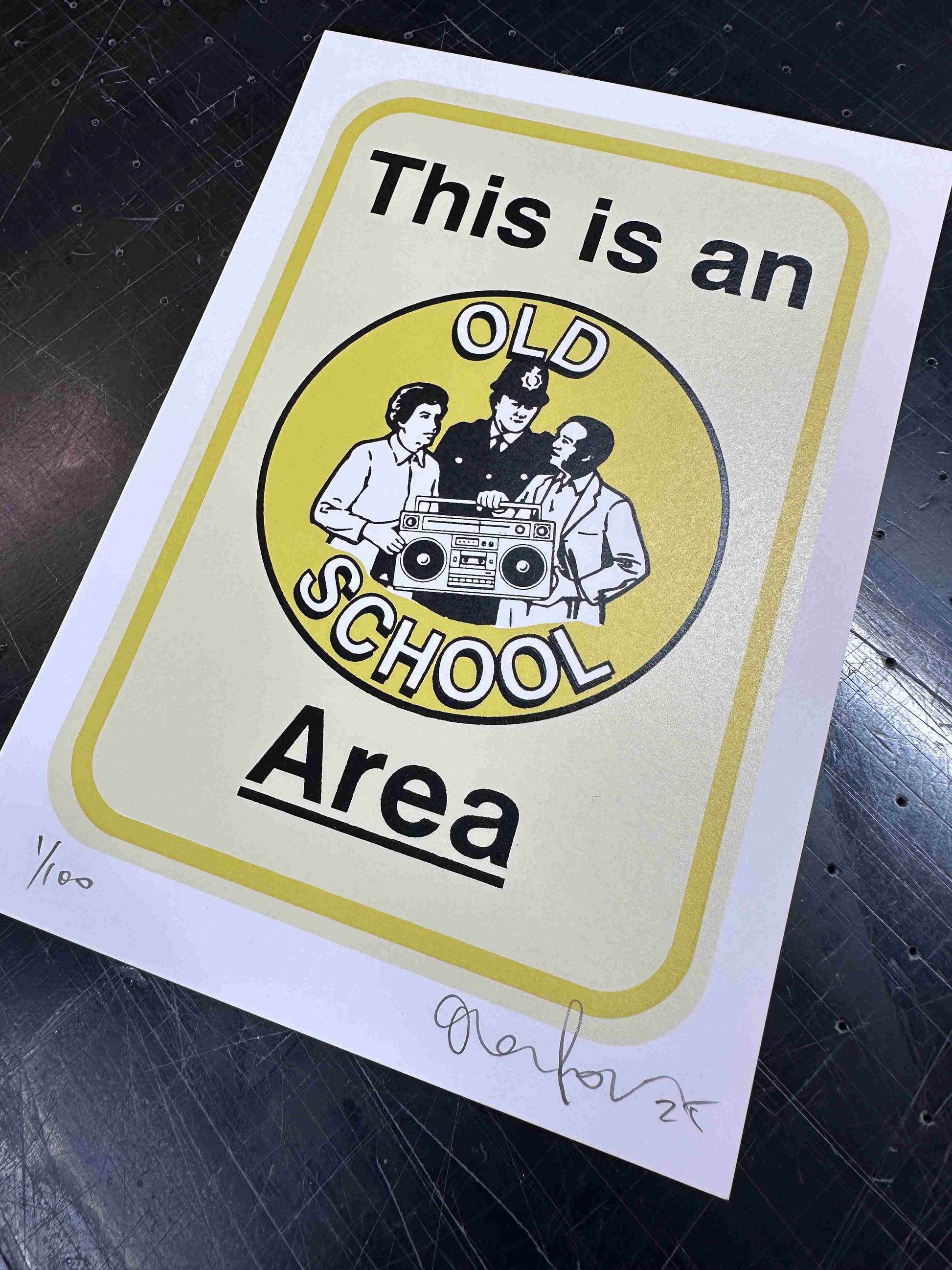 Sticker with 'This is an old school area' text and graphic on a white background