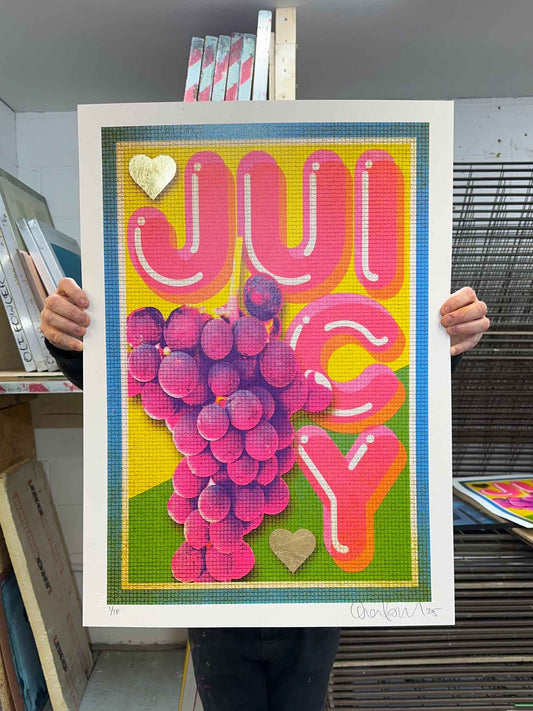 Colorful artwork with the word 'Juicy' and grapes 