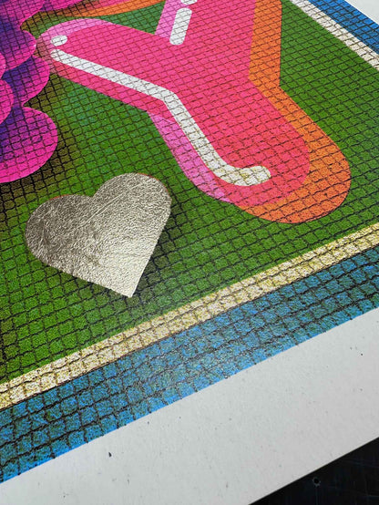 Colorful mosaic art with a pink flower and gold heart on a grid background