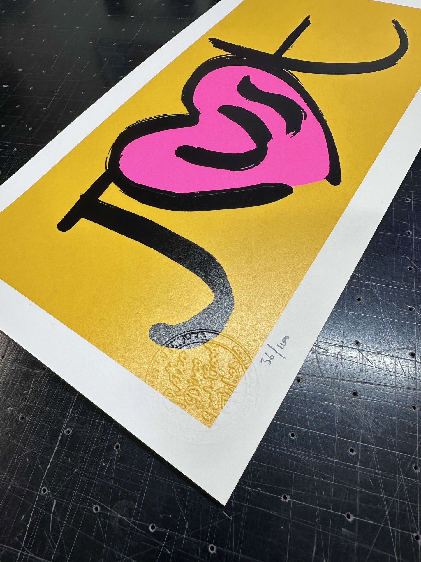 JusT Handpulled Screenprint in Fluro Pink and Metallic Leaf