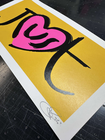 JusT Handpulled Screenprint in Fluro Pink and Metallic Leaf