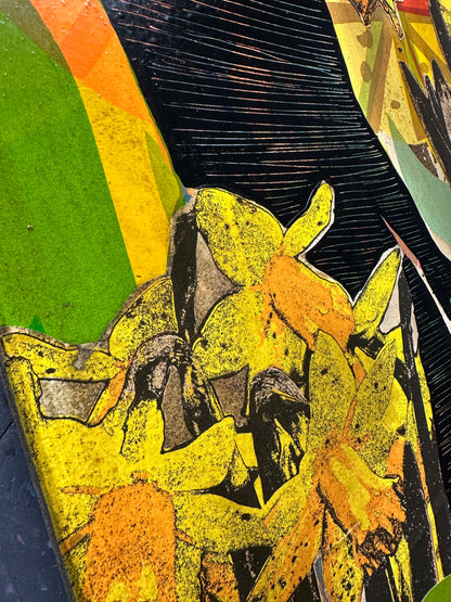 Multi-colour hand-painted collage screenprint, yellow orange pink magenta green, figure with yellow daffodils