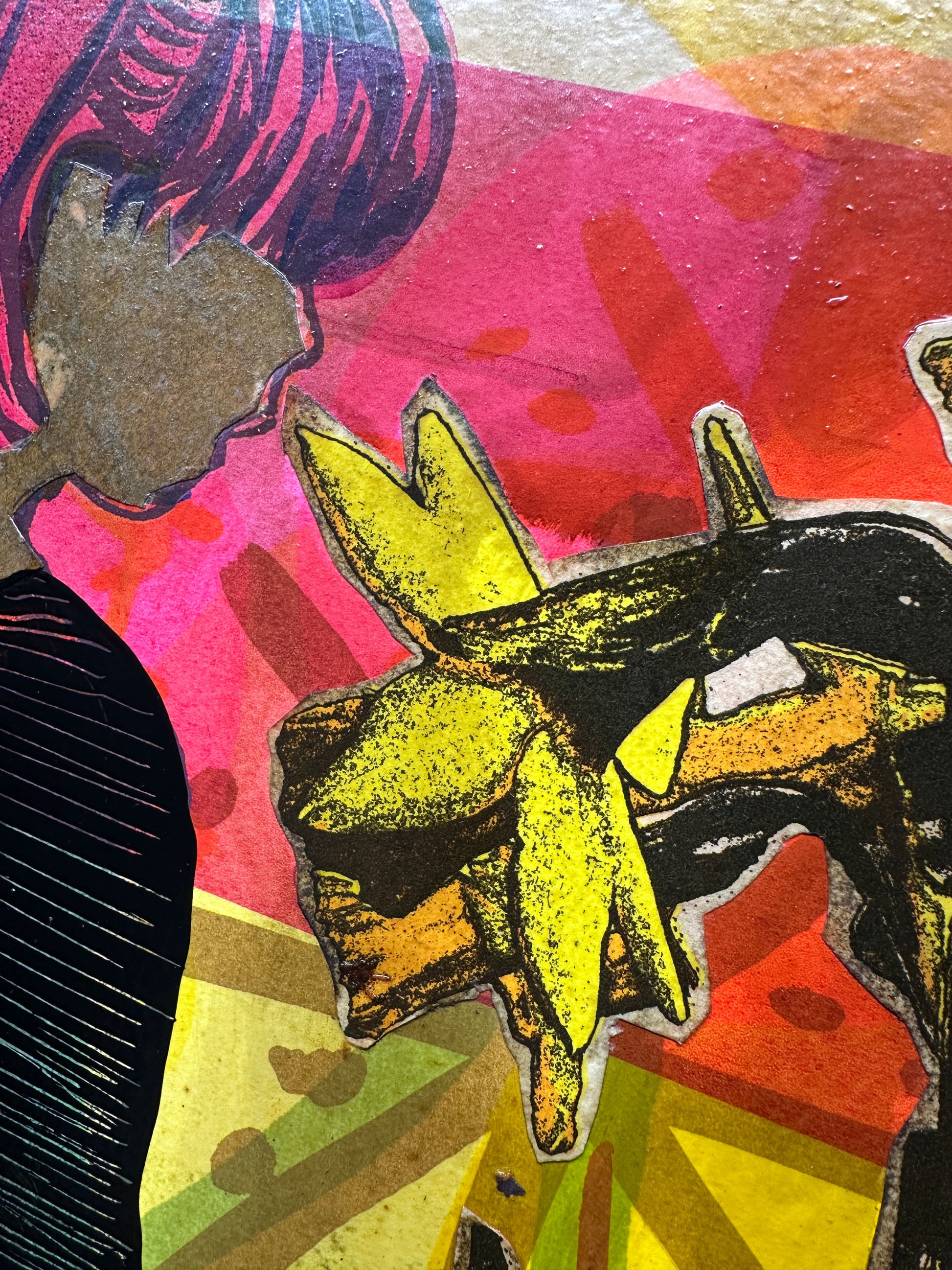 Multi-colour hand-painted collage screenprint, yellow orange pink magenta green, figure with yellow daffodils