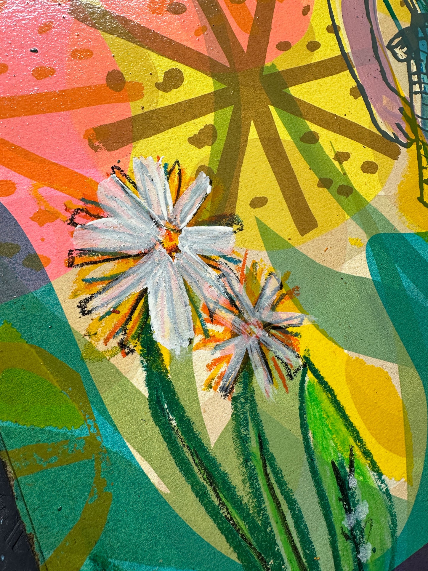 Multi-colour hand-painted collage screenprint, yellow pink teal, vintage girl with geometric flowers and daisies