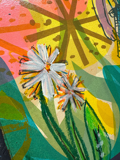 Multi-colour hand-painted collage screenprint, yellow pink teal, vintage girl with geometric flowers and daisies