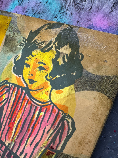 Multi-colour hand-painted collage screenprint, yellow pink teal, vintage girl with geometric flowers and daisies