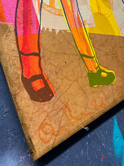 Hand-painted screenprint collage, neon yellows pinks oranges greens, vintage girl with hat and basket