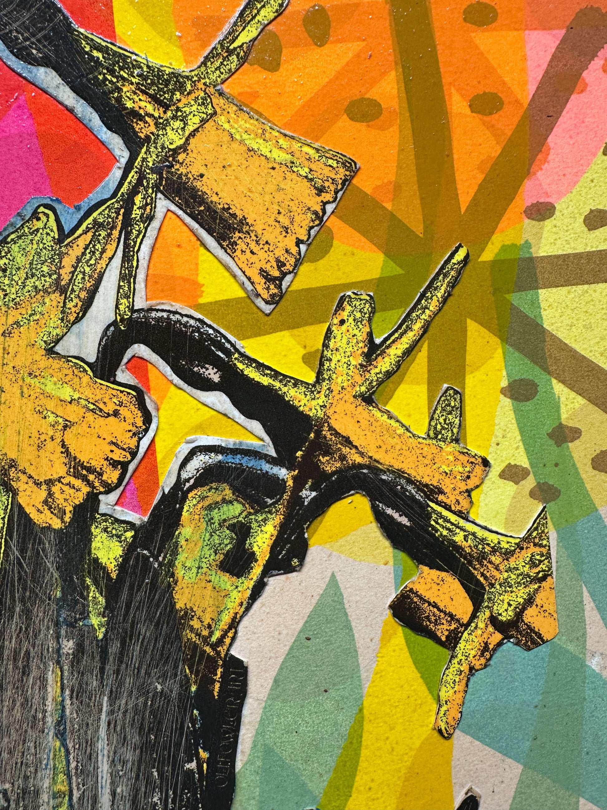 Multi-colour hand-painted collage screenprint, yellow orange pink magenta green, figure with yellow daffodils