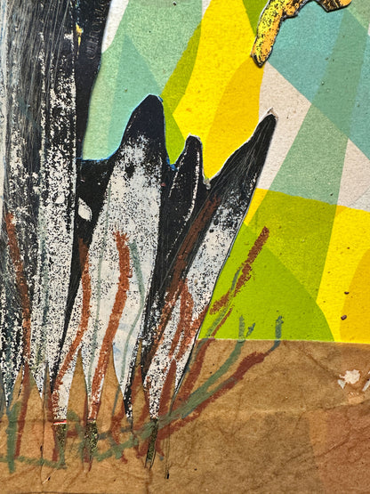 Multi-colour hand-painted collage screenprint, yellow orange pink magenta green, figure with yellow daffodils