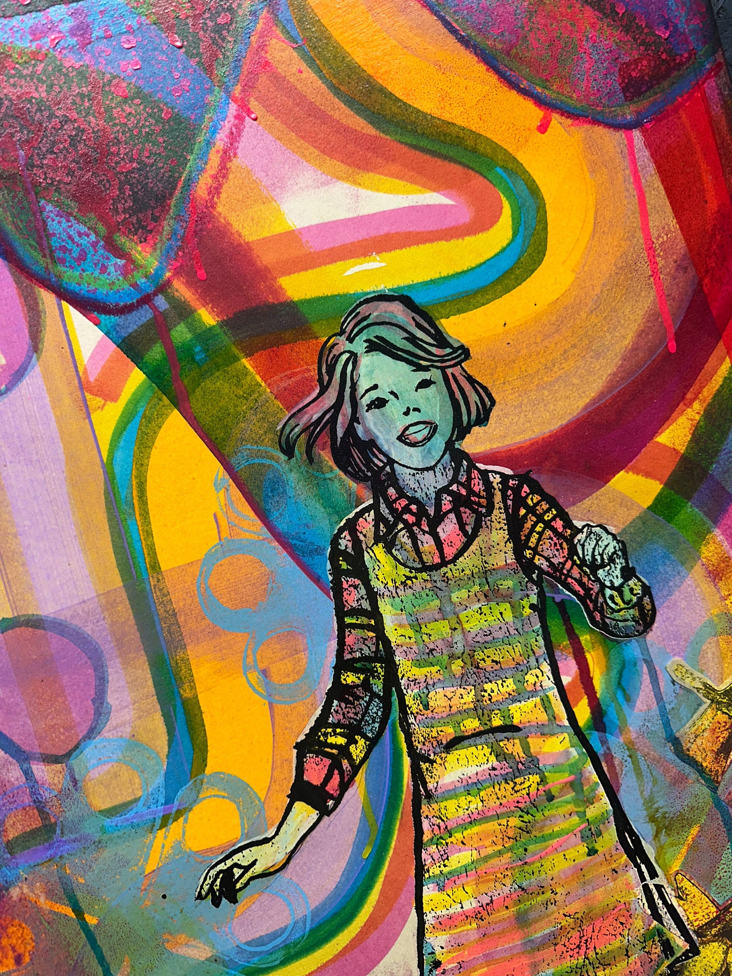Multi-colour screenprint, yellow orange pink, woman in psychedelic swirling waves, original artwork