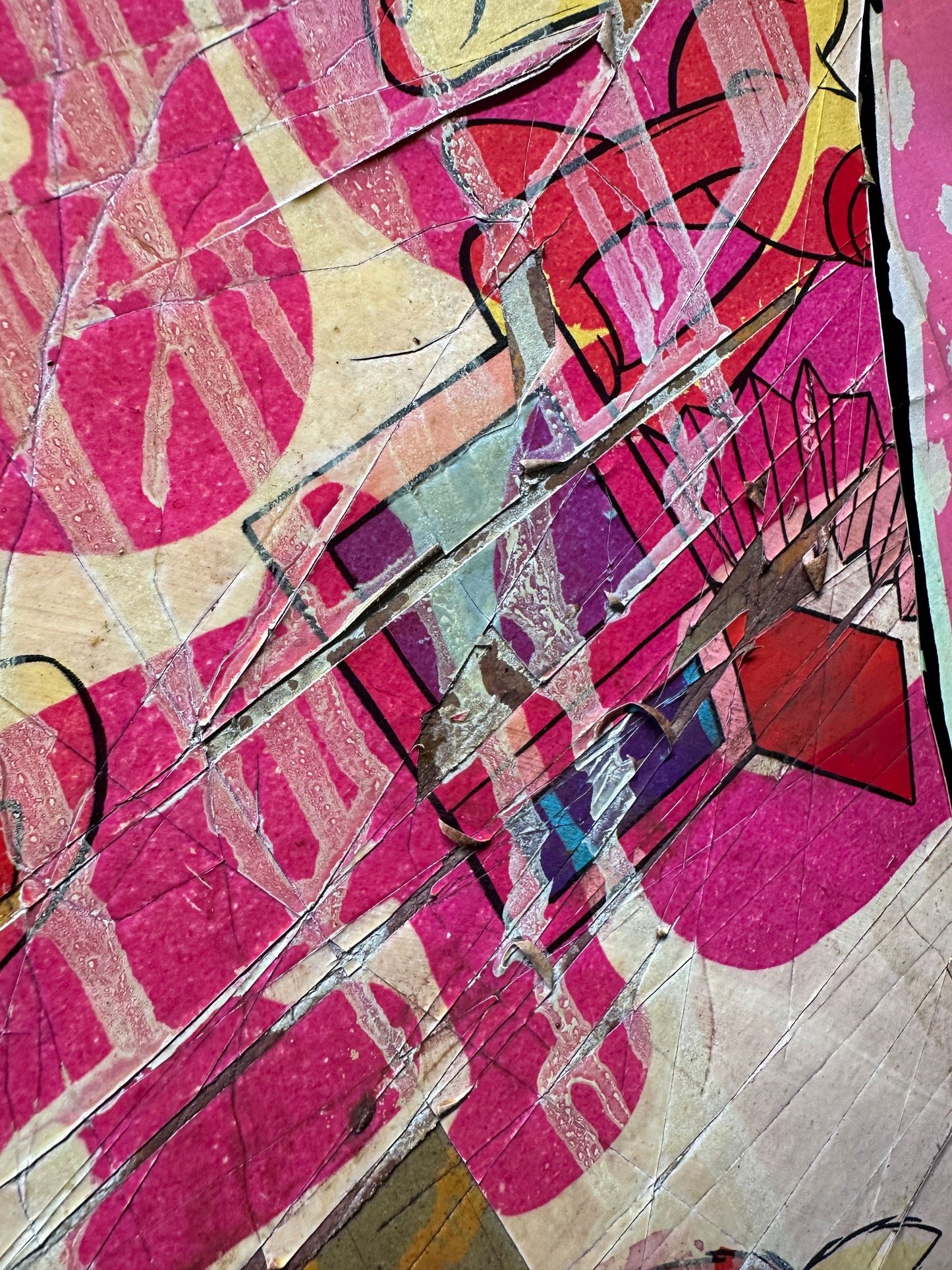 Mixed media screenprint, pink, yellow and turquoise, girl in polka-dot dress with vintage book collage