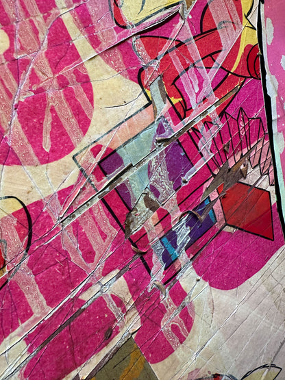 Mixed media screenprint, pink, yellow and turquoise, girl in polka-dot dress with vintage book collage