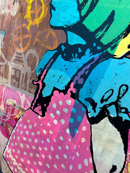 Mixed media screenprint, pink, yellow and turquoise, girl in polka-dot dress with vintage book collage