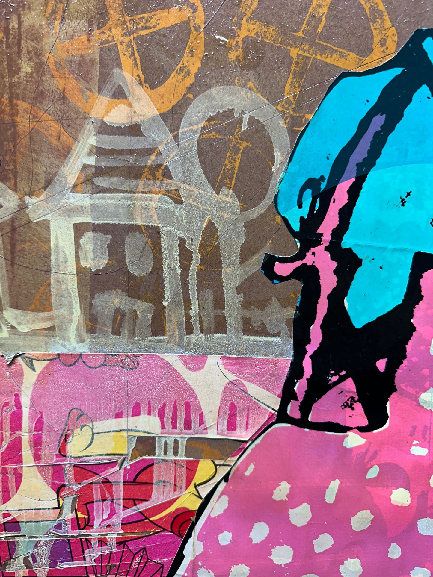 Mixed media screenprint, pink, yellow and turquoise, girl in polka-dot dress with vintage book collage