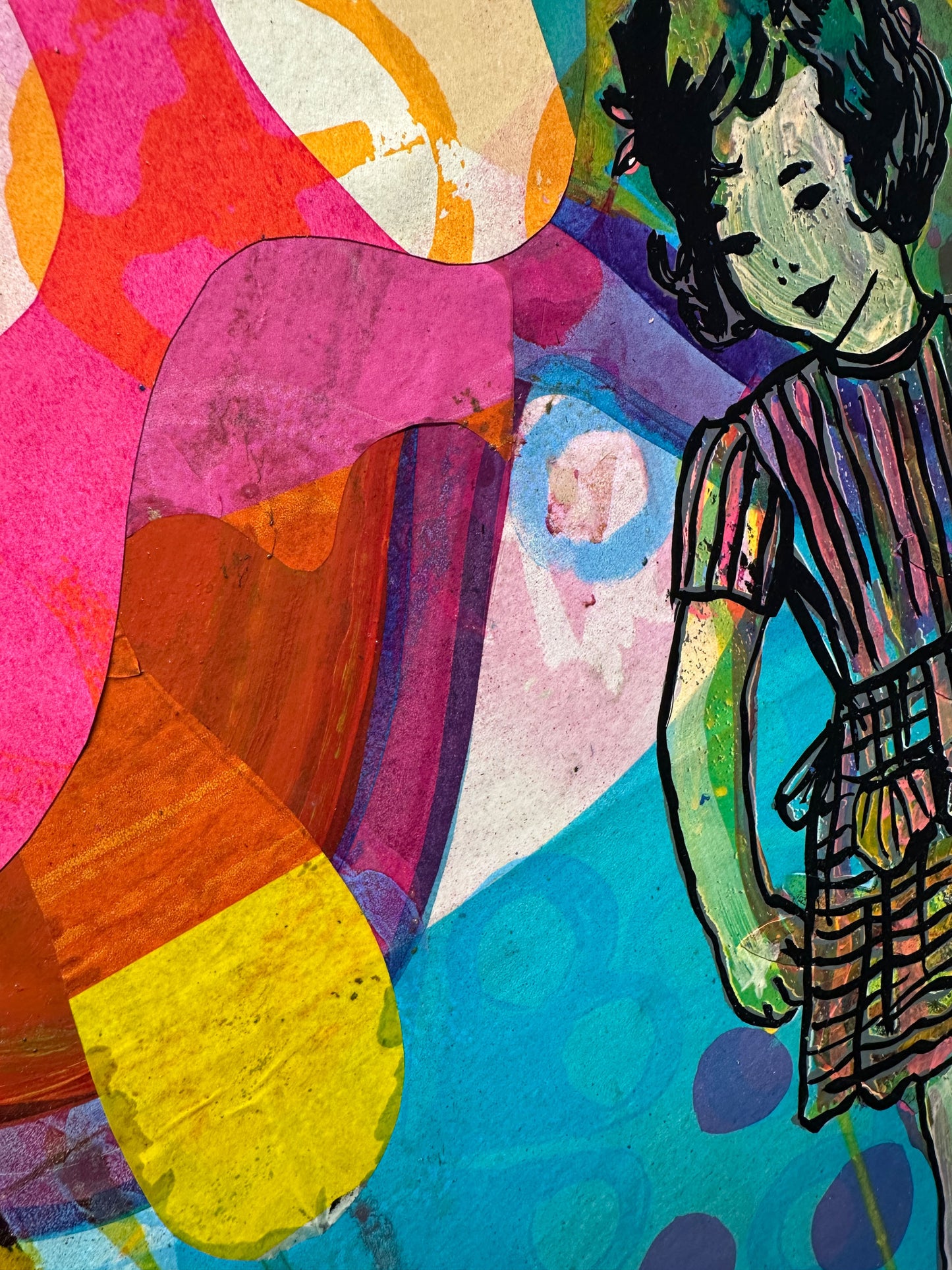 Multi-colour screenprint, pink orange yellow cyan purple, two dancing girls with flowers and patterns, original artwork