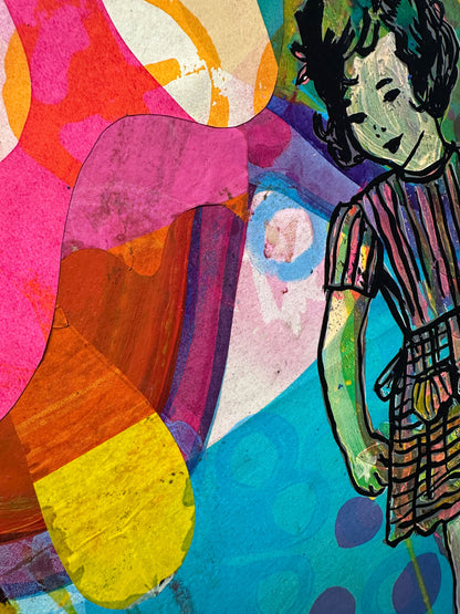 Multi-colour screenprint, pink orange yellow cyan purple, two dancing girls with flowers and patterns, original artwork