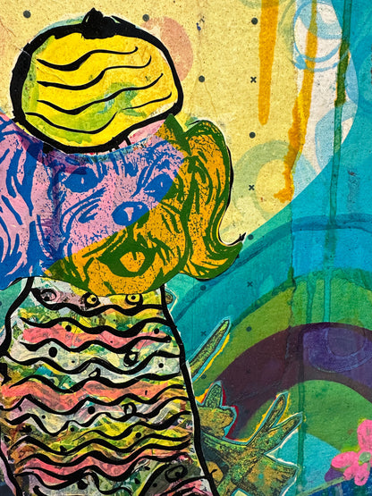 Multi-colour screenprint, pink orange yellow cyan purple, two dancing girls with flowers and patterns, original artwork