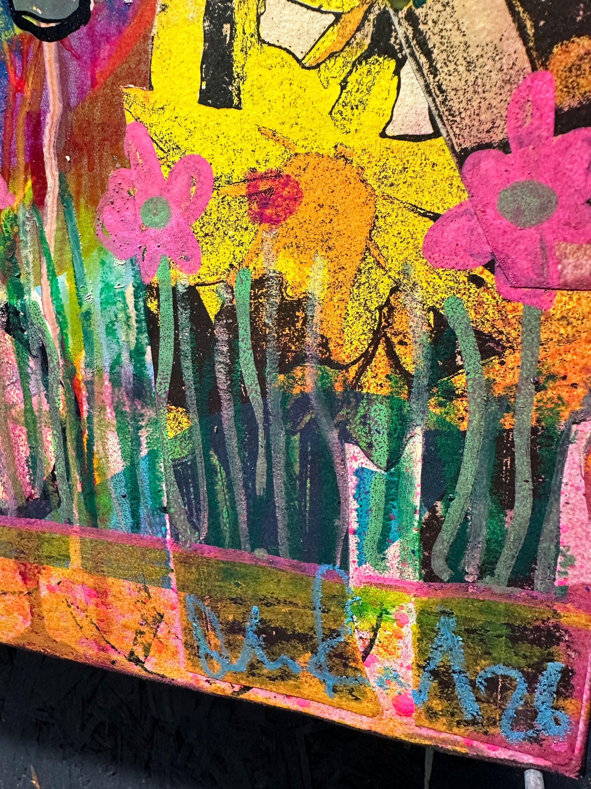 Multi-colour screenprint, pink orange yellow cyan purple, two dancing girls with flowers and patterns, original artwork