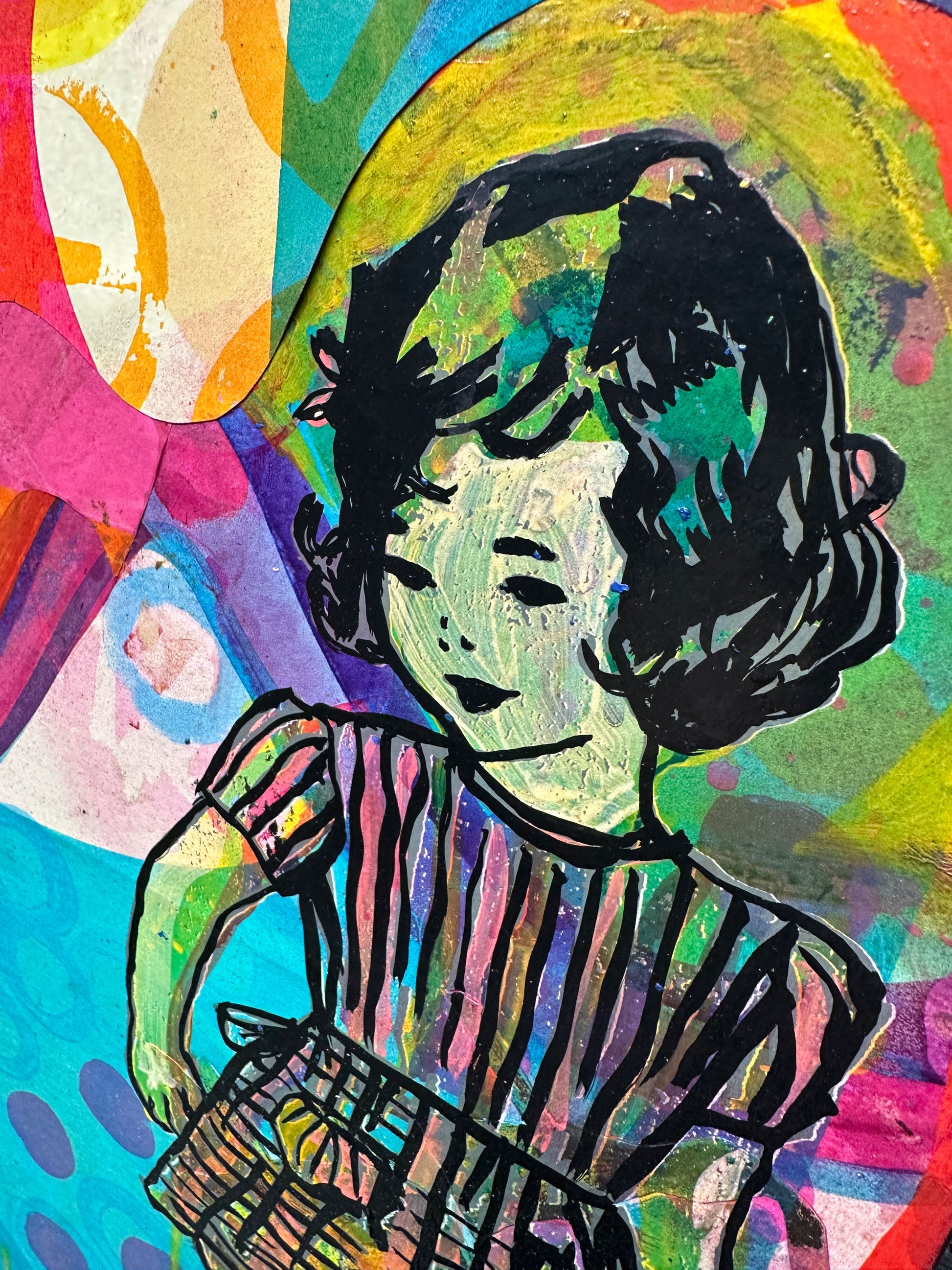 Multi-colour screenprint, pink orange yellow cyan purple, two dancing girls with flowers and patterns, original artwork