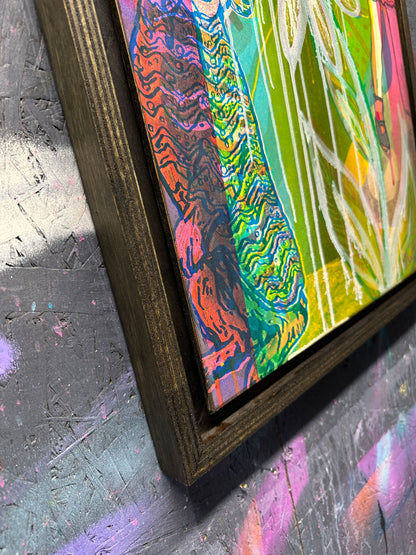 Multi-colour screenprint, yellow/orange/green, psychedelic dogs and dripping daisy with rainbow rays