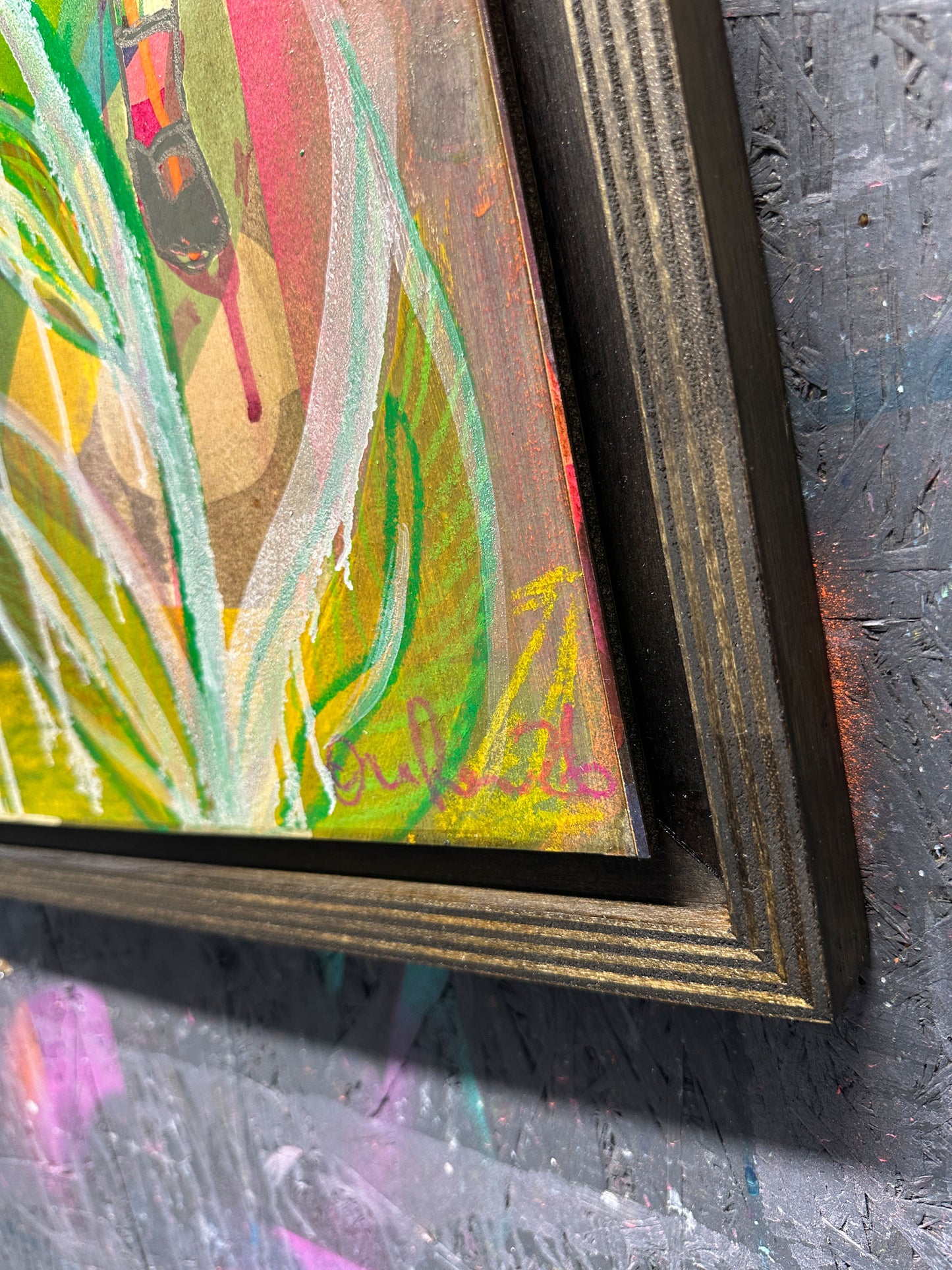 Multi-colour screenprint, yellow/orange/green, psychedelic dogs and dripping daisy with rainbow rays