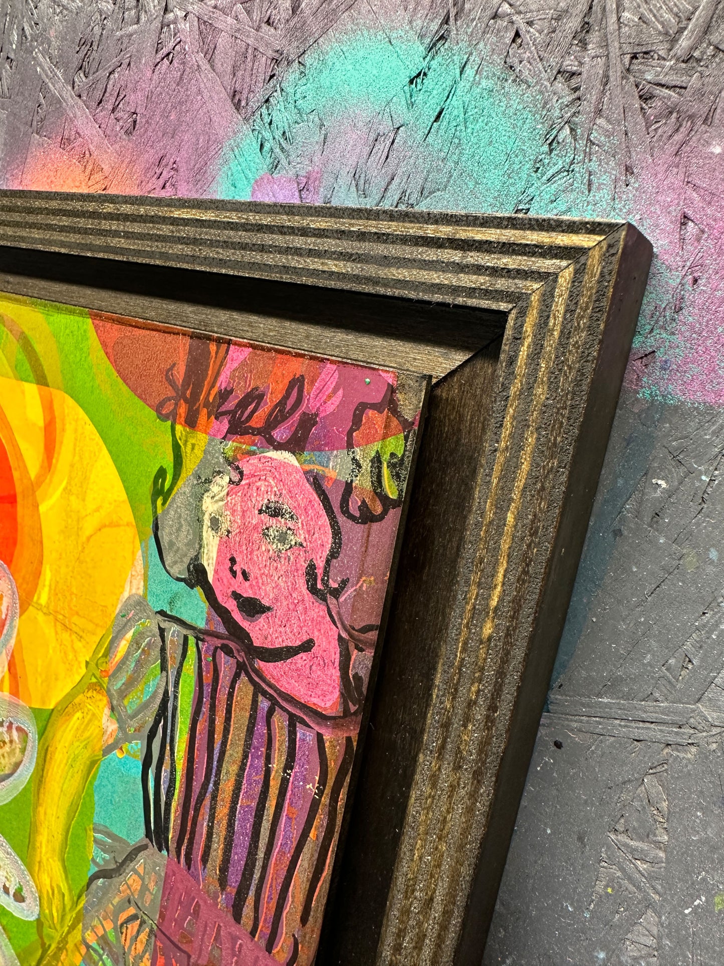 Multi-colour screenprint, yellow/orange/green, psychedelic dogs and dripping daisy with rainbow rays