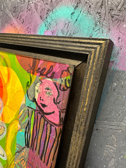 Multi-colour screenprint, yellow/orange/green, psychedelic dogs and dripping daisy with rainbow rays