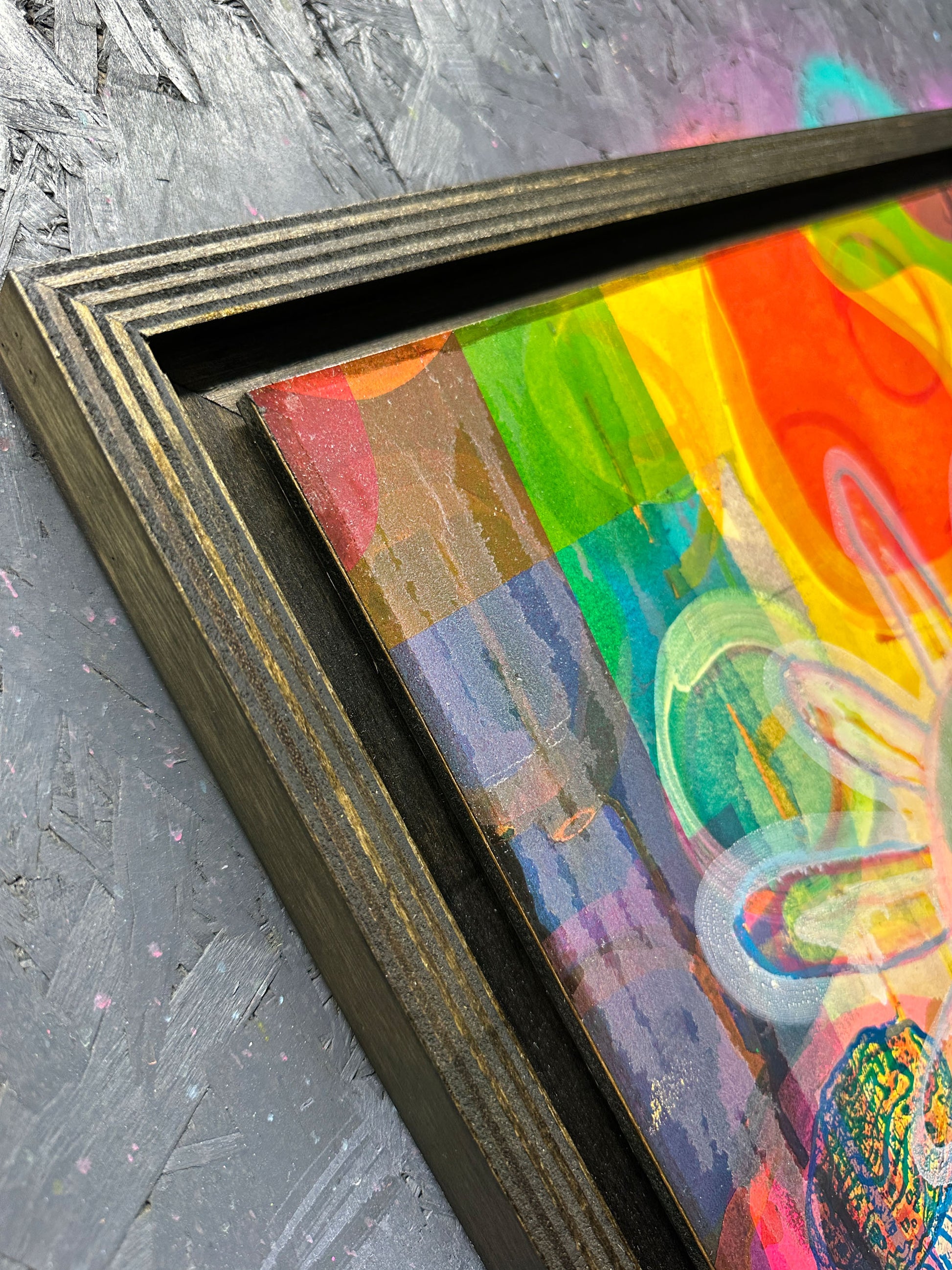 Multi-colour screenprint, yellow/orange/green, psychedelic dogs and dripping daisy with rainbow rays