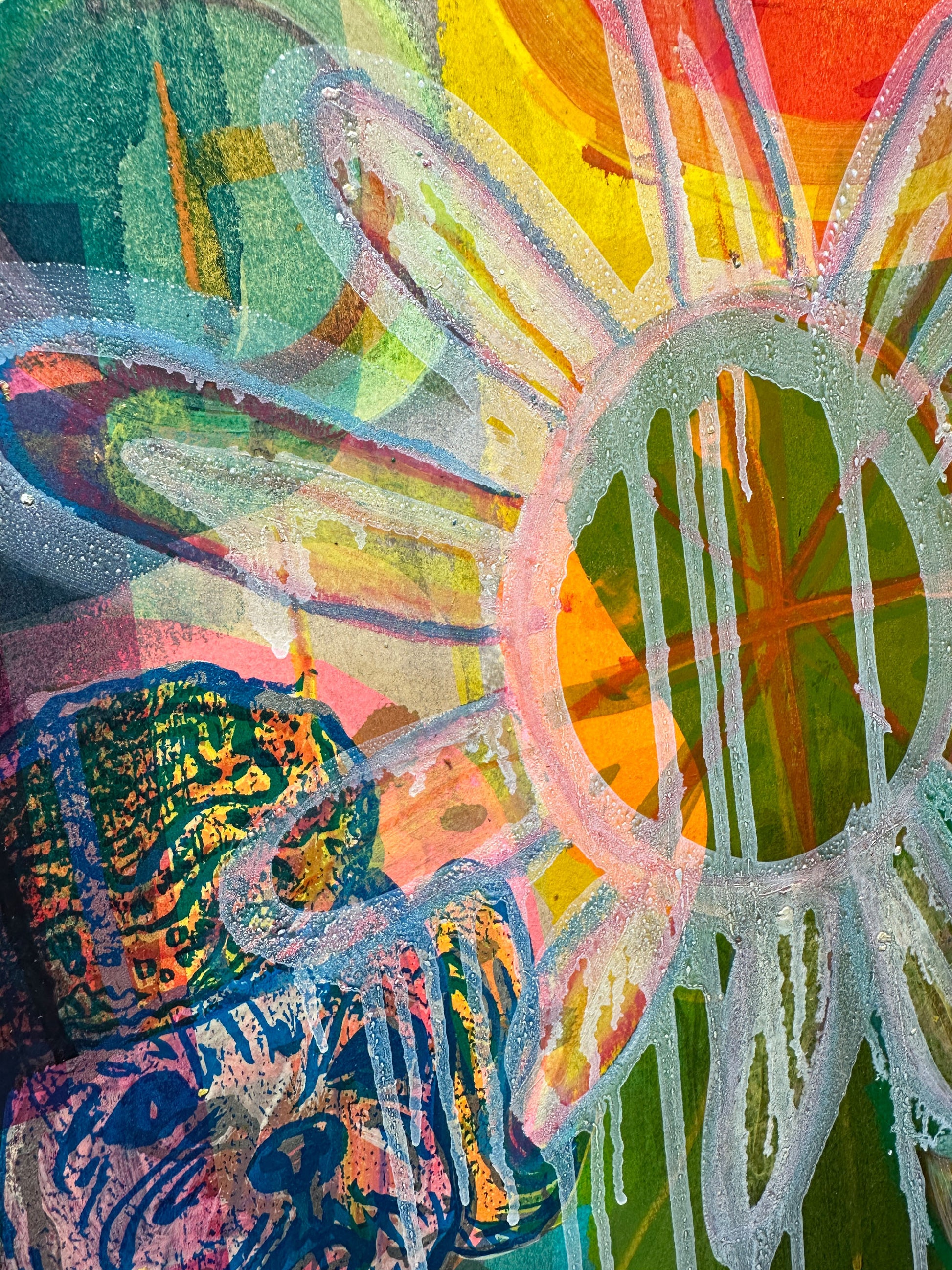 Multi-colour screenprint, yellow/orange/green, psychedelic dogs and dripping daisy with rainbow rays