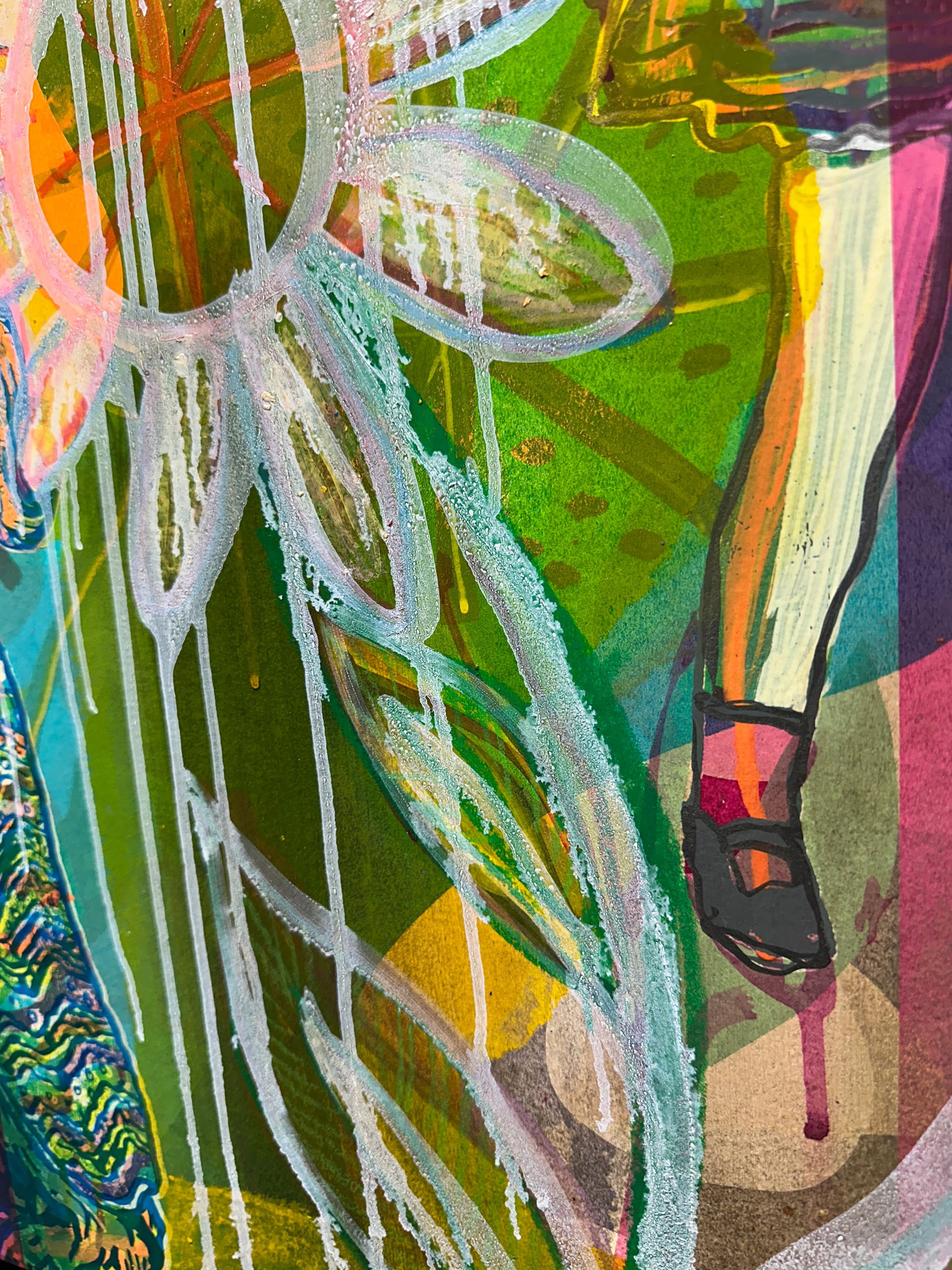 Multi-colour screenprint, yellow/orange/green, psychedelic dogs and dripping daisy with rainbow rays
