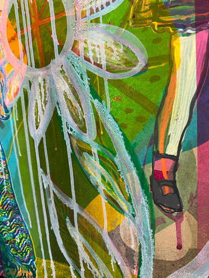 Multi-colour screenprint, yellow/orange/green, psychedelic dogs and dripping daisy with rainbow rays