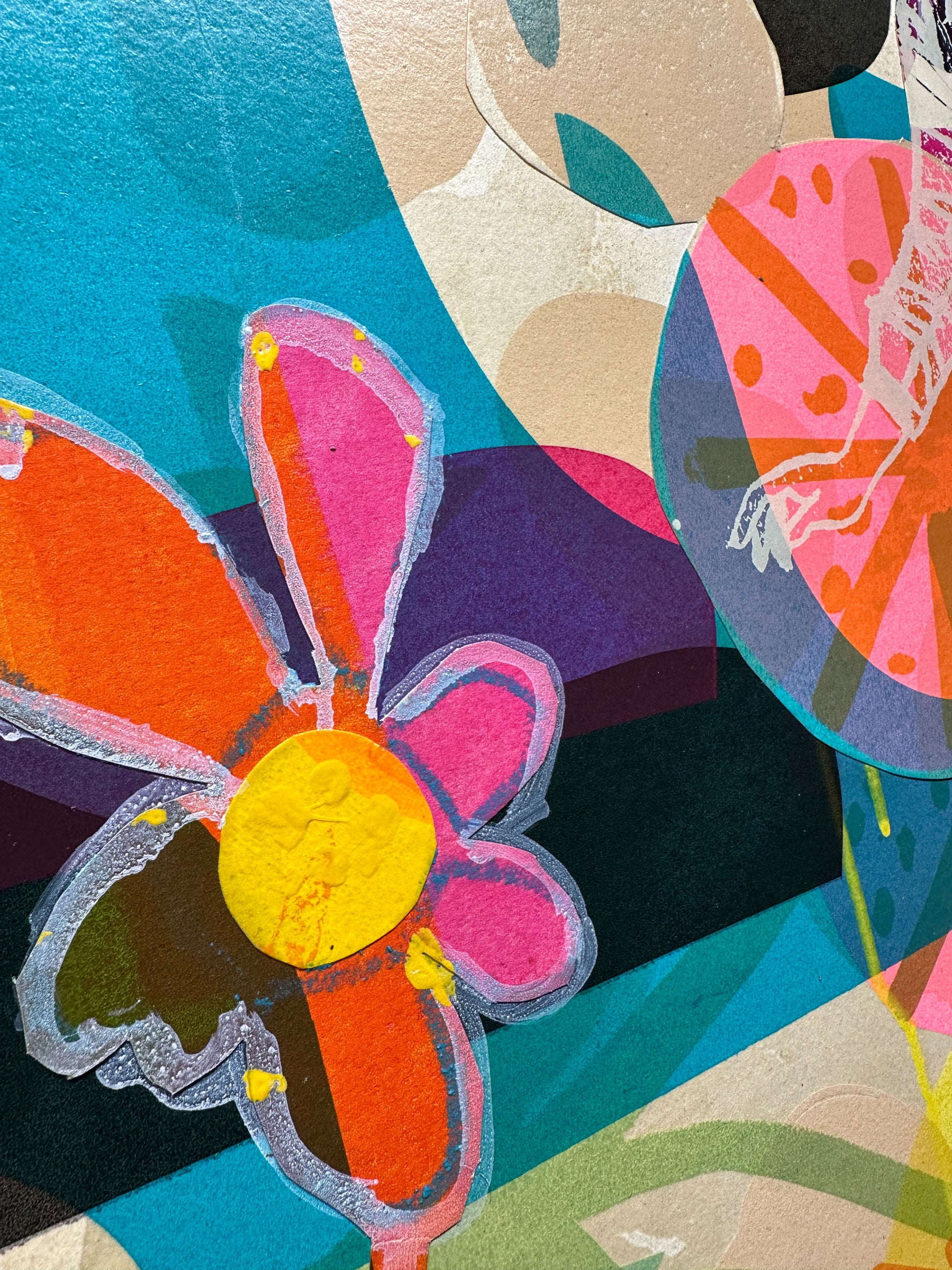 Multi-colour screenprint, hot pink and orange, psychedelic female figure with geometric flower, original artwork
