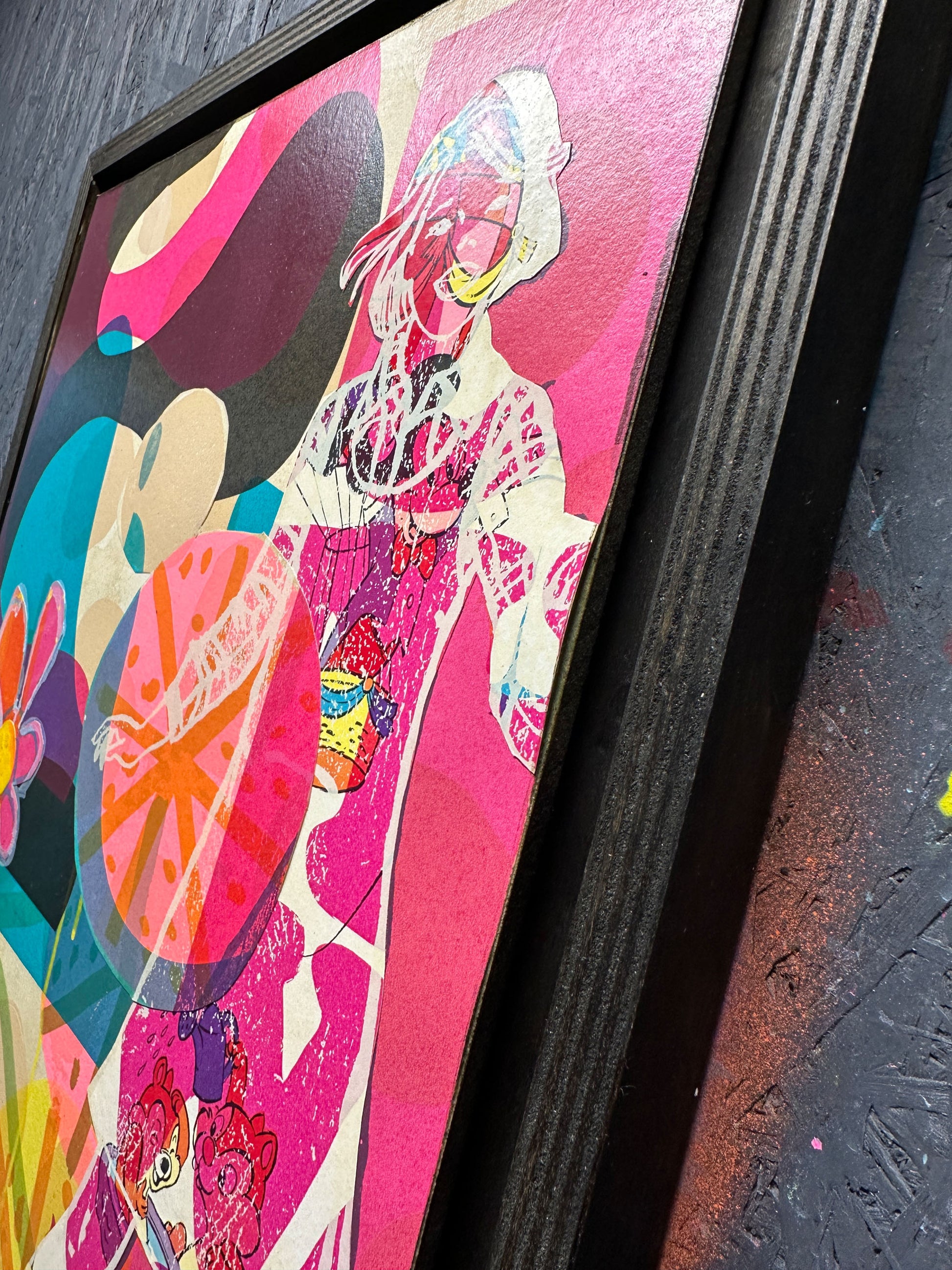 Multi-colour screenprint, hot pink and orange, psychedelic female figure with geometric flower, original artwork