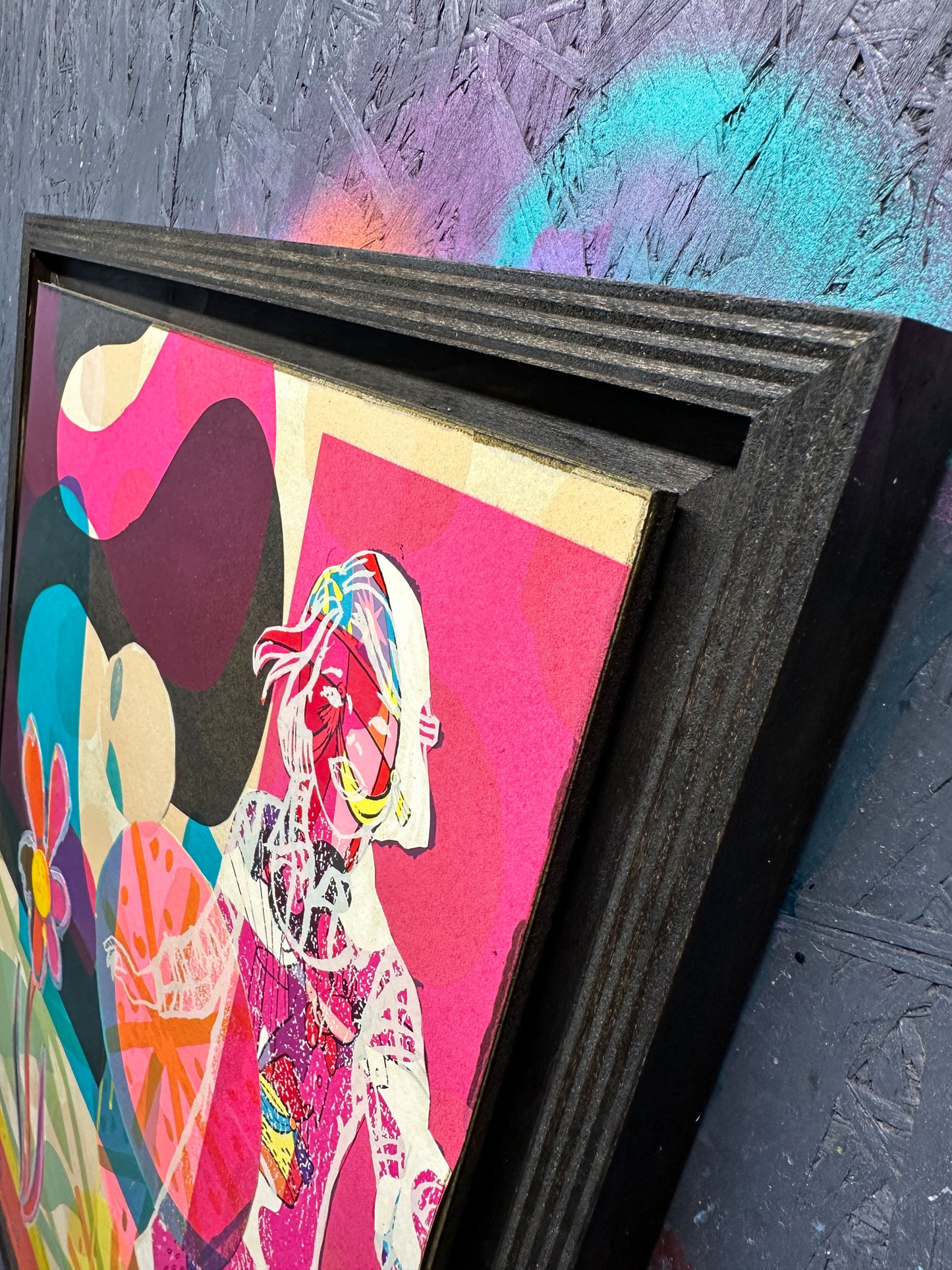Multi-colour screenprint, hot pink and orange, psychedelic female figure with geometric flower, original artwork