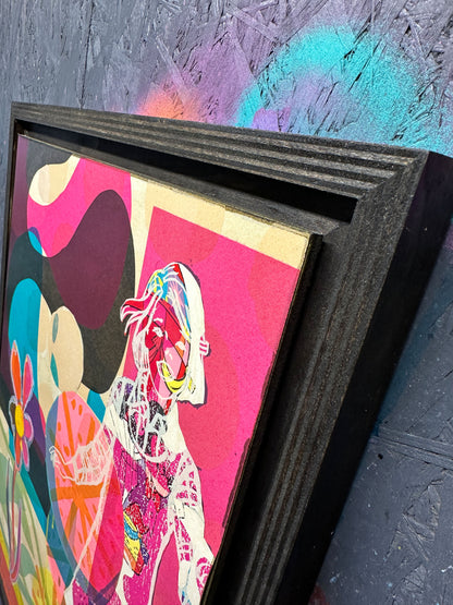 Multi-colour screenprint, hot pink and orange, psychedelic female figure with geometric flower, original artwork