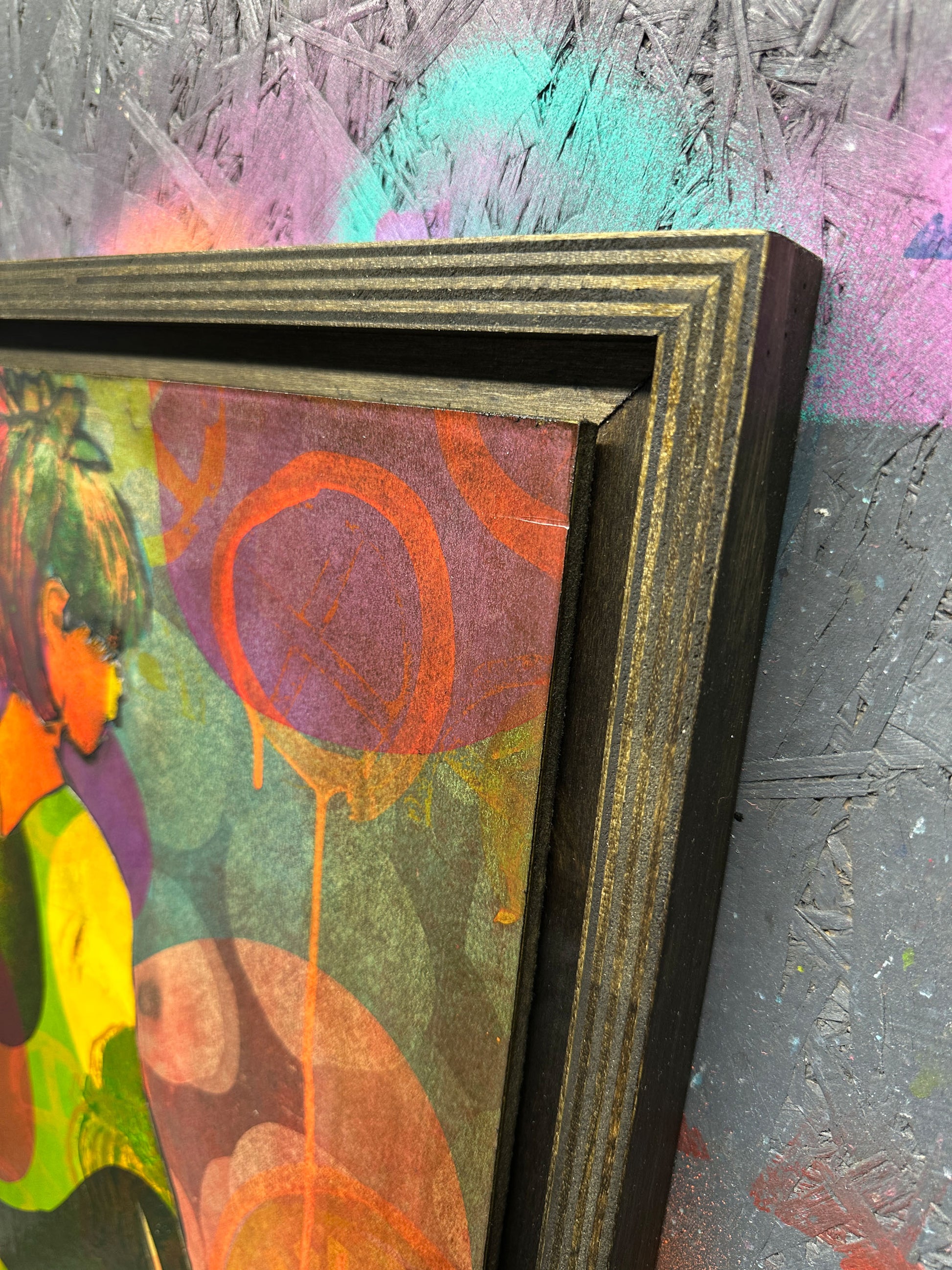 Multi-colour screenprint, yellow, orange, green & purple, geometric figure with overlapping layers, framed