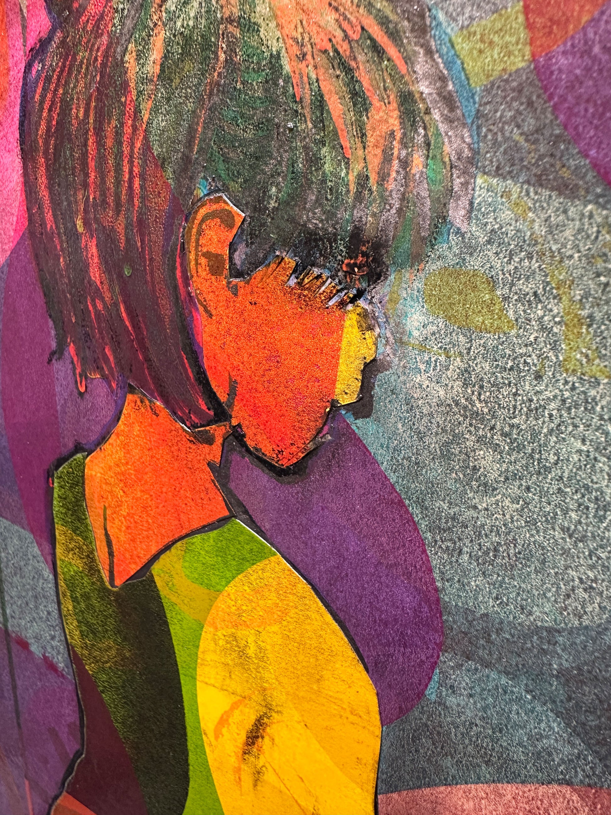 Multi-colour screenprint, yellow, orange, green & purple, geometric figure with overlapping layers, framed