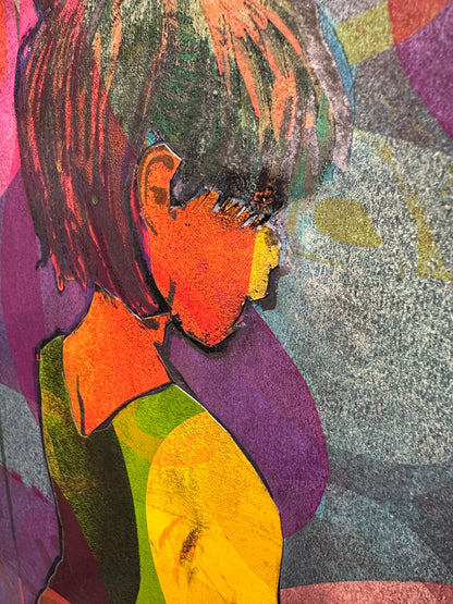 Multi-colour screenprint, yellow, orange, green & purple, geometric figure with overlapping layers, framed